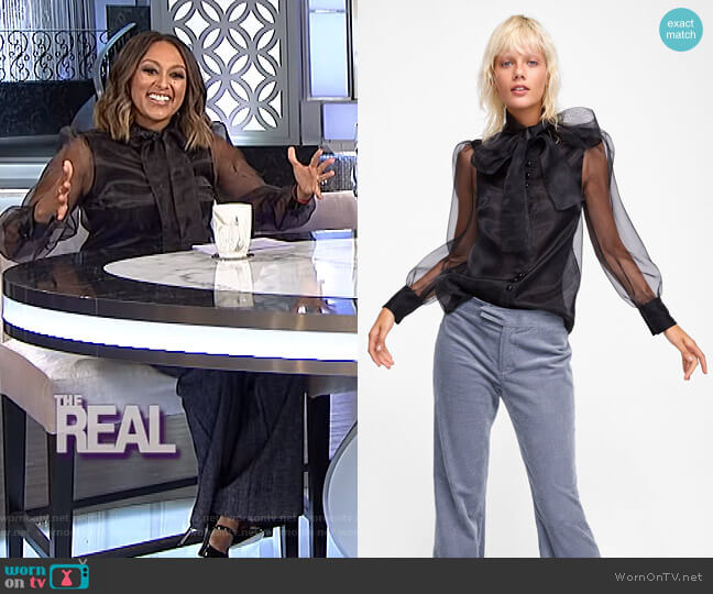 WornOnTV: Tamera’s black sheer blouse and striped trousers on The Real ...