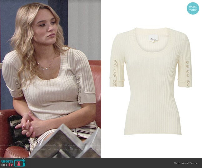 3.1 Phillip Lim Ribbed Button Sleeve Top worn by Summer Newman (Hunter King) on The Young and the Restless