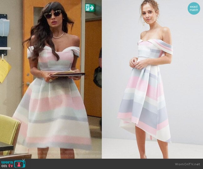 ASOS Bardot Cold Shoulder Dip Back Pastel Stripe Prom Dress worn by Tahani Al-Jamil (Jameela Jamil) on The Good Place