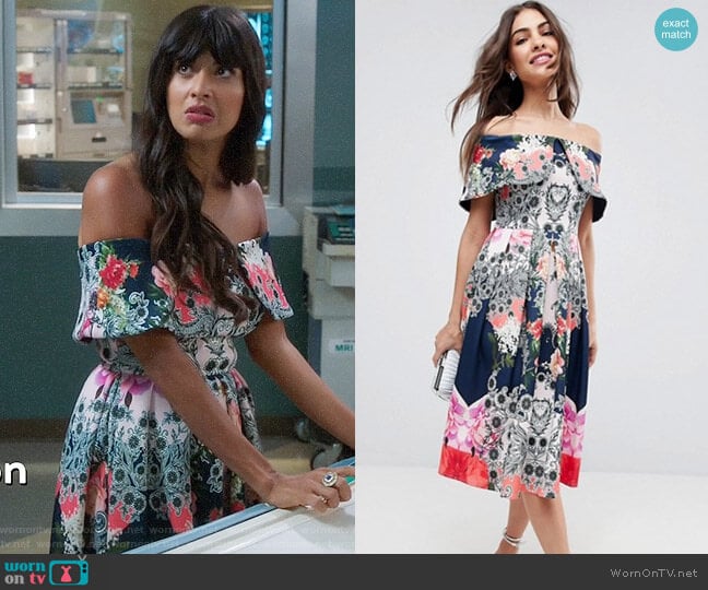 ASOS Bardot Ergonomic Floral Midi Prom Dress worn by Tahani Al-Jamil (Jameela Jamil) on The Good Place