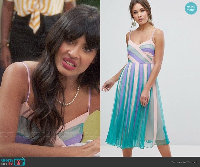 ASOS Color Block Mesh Fit and Flare Midi Dress worn by Tahani Al-Jamil (Jameela Jamil) on The Good Place