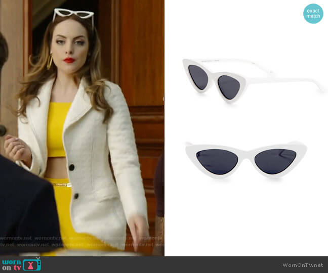 he Last Lolita White Sunglasses by Adam Selman x Le Spec Luxe worn by Fallon Carrington (Elizabeth Gillies) on Dynasty