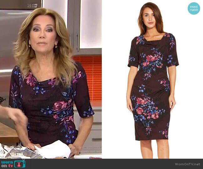 Half Sleeve Draped Floral Sheath Dress with V-Back by Adrianna Papell worn by Kathie Lee Gifford on Today