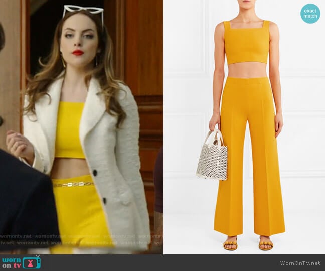 Cropped knitted top and pants by Alaia worn by Fallon Carrington (Elizabeth Gillies) on Dynasty