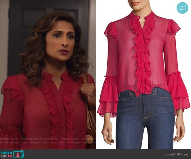 Odele Blouse by Alice + Olivia worn by Emet Kamala-Sweetzer (Sarayu Blue) on I Feel Bad