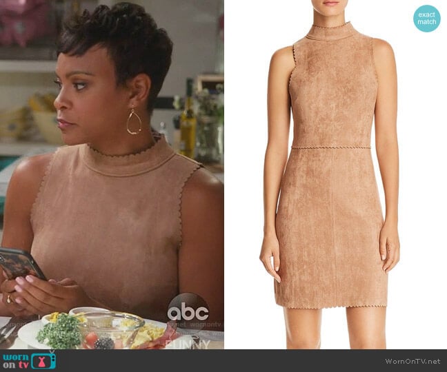 Scalloped Faux Suede Sheath Dress by Aqua worn by Angela (Carly Hughes
) on American Housewife