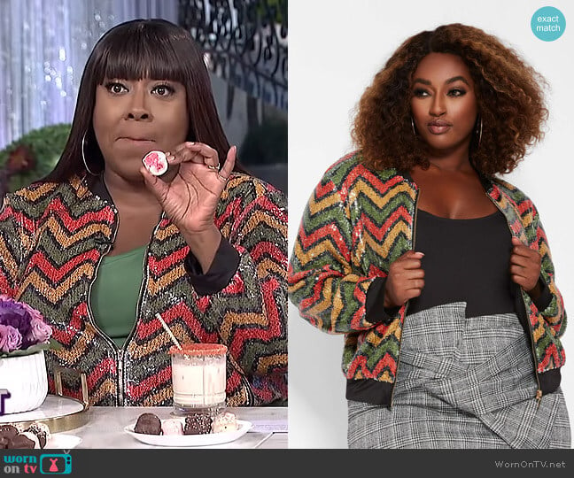 Zig Zag Sequin Bomber Jacket by Ashley Stewart worn by Loni Love on The Real