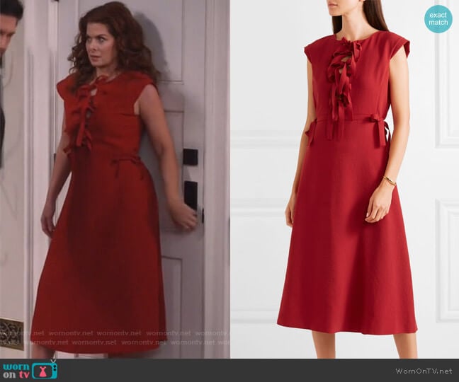 Bow-detailed midi dress by Bottega Veneta worn by Grace Adler (Debra Messing) on Will and Grace