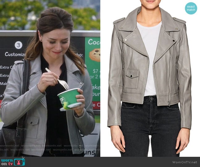 Leather Moto Jacket by Barneys New York worn by Amelia Shepherd (Caterina Scorsone) on Greys Anatomy