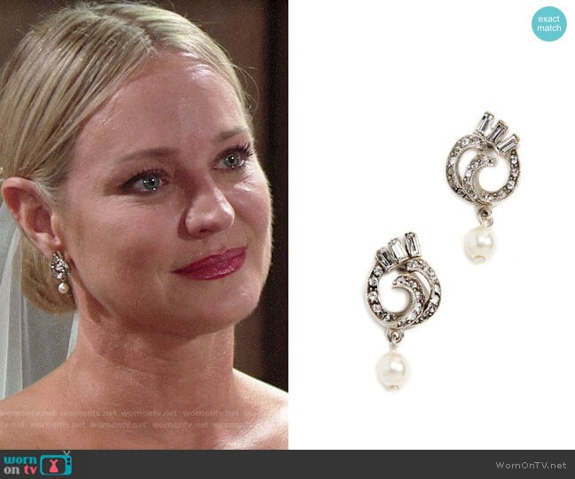 Ben-Amun Swirl Imitation Pearl Drop Post Earrings worn by Sharon Newman (Sharon Case) on The Young and the Restless