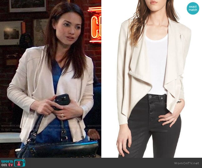 BlankNYC Drape Front Faux Suede Jacket worn by Elizabeth Webber (Rebecca Herbst) on General Hospital