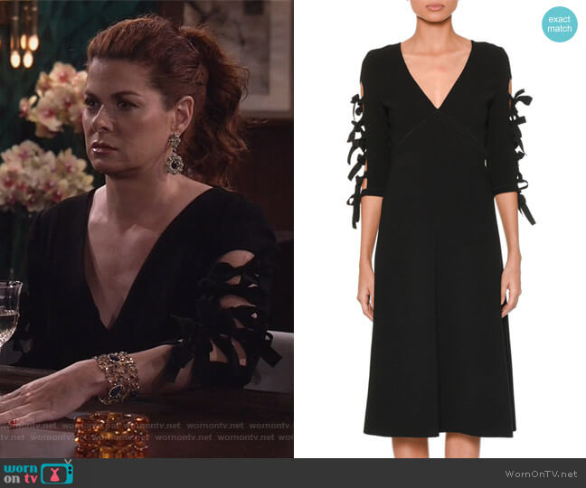 V-Neck Bow-Sleeve A-Line Crepe Dress by Bottega Veneta worn by Grace Adler (Debra Messing) on Will and Grace