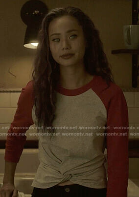 Clarice’s red and grey twist front top on The Gifted
