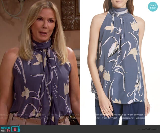 Diane von Furstenberg Oswald Lilac Sleeveless High Neck Blouse worn by Brooke Logan (Katherine Kelly Lang) on The Bold and the Beautiful