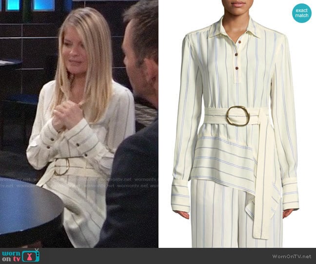 Derek Lam 10 Crosby Long-Sleeve Belted Asymmetric Shirt worn by Nina Reeves (Michelle Stafford) on General Hospital