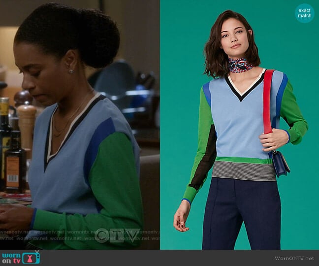 Long-Sleeve V-Neck Color Block Pull Over by Diane von Furstenberg worn by Maggie Pierce (Kelly McCreary) on Greys Anatomy