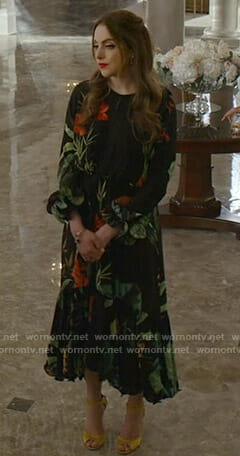 Fallon's black floral midi dress on Dynasty