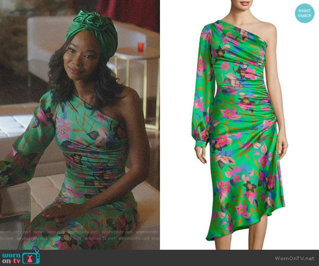 Floral One-Sleeve Ruched Dress by Etro worn by Monica Colby (Wakeema Hollis) on Dynasty