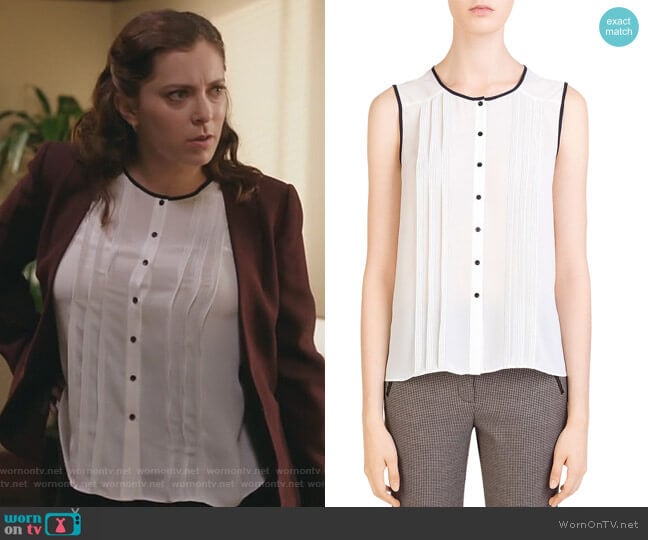 Lena Sleeveless Pleated Shirt by Gerard Darel worn by Rebecca Bunch (Rachel Bloom) on Crazy Ex-Girlfriend