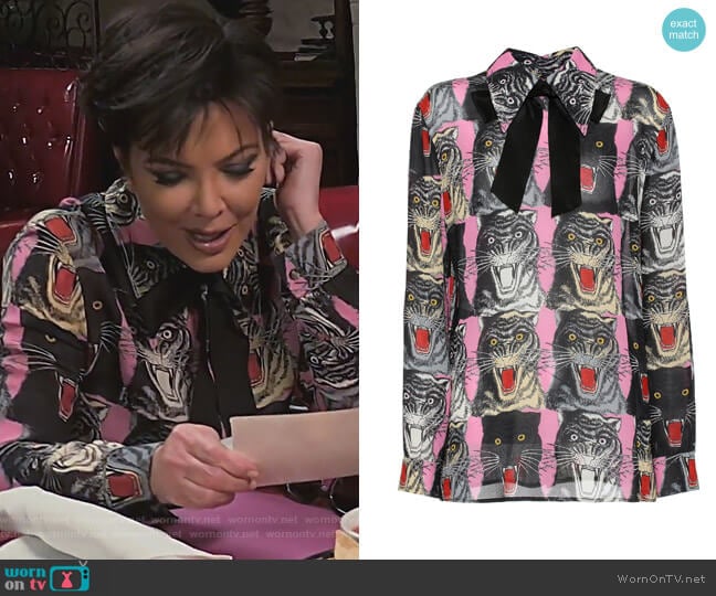 Cat-printed top by Gucci worn by Kris Jenner on Keeping Up with the Kardashians