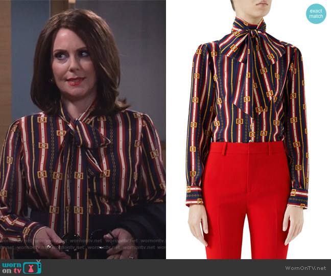 Chain Belt Print Silk Bow Neck Blouse by Gucci worn by Karen Walker (Megan Mullally) on Will and Grace