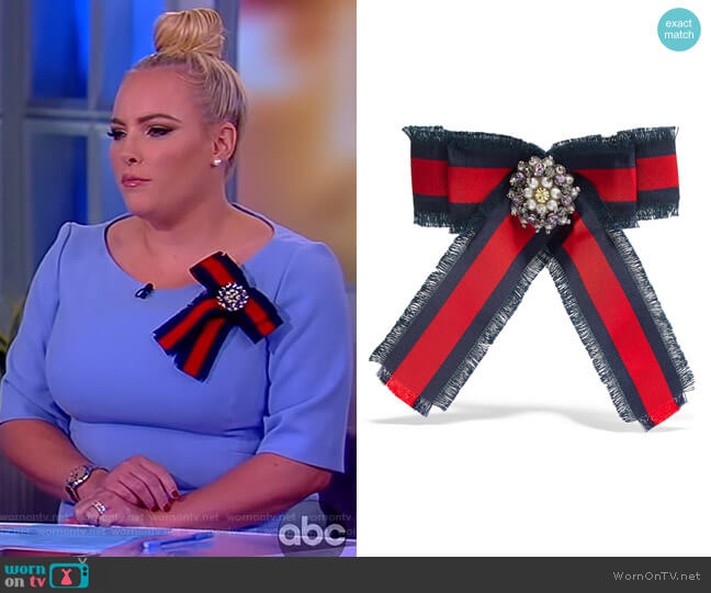 Grosgrain, crystal and faux pearl brooch by Gucci worn by Meghan McCain  on The View