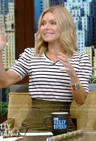 Kelly’s striped puff sleeve top and midi skirt on Live with Kelly and Ryan