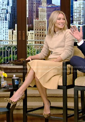 Kelly’s beige sweater and yellow midi skirt on Live with Kelly and Ryan