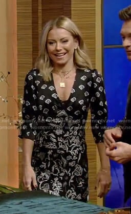 Kelly’s black printed v-neck dress on Live with Kelly and Ryan