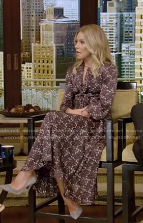 Kelly's purple floral tie neck dress on Live with Kelly and Ryan