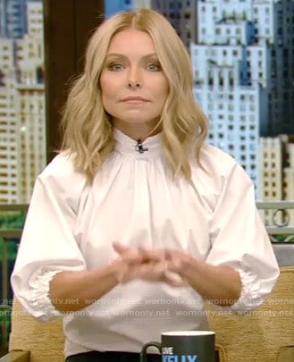 Kelly's white balloon sleeve blouse on Live with Kelly and Ryan