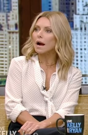 Kelly’s white polka dot tie neck blouse on Live with Kelly and Ryan