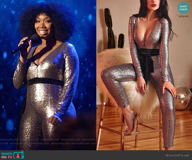 Sequin Deep V Long Sleeve Jumpsuit by Kiss-Her Clothing worn by Cassie Brown (Brandy Norwood) on Star