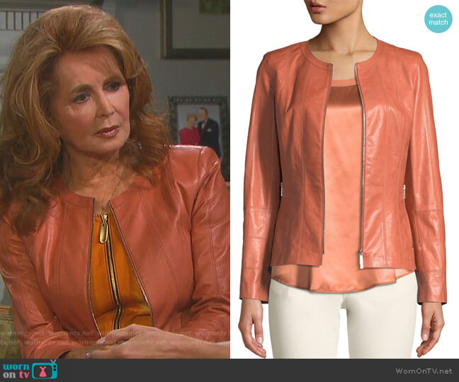 Courtney Round-Neck Leather Zip Jacket by Lafayette 148 New York worn by Maggie Horton (Suzanne Rogers) on Days of our Lives