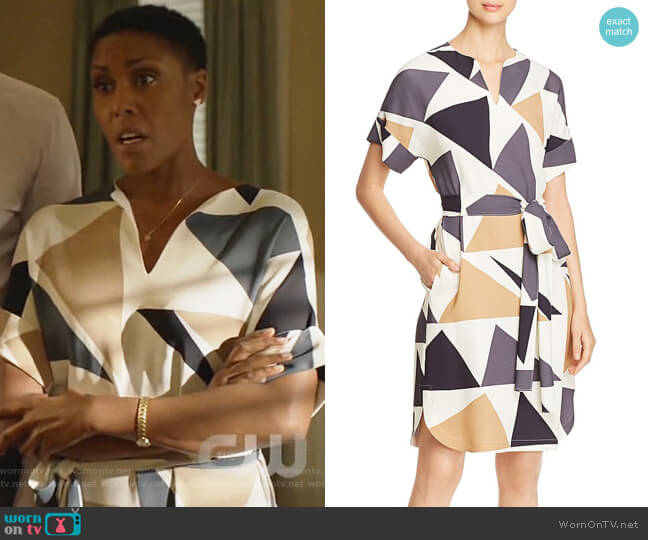 Jubilee Geometric-Print Dress by Lafayette 148 New York worn by Lynn Stewart (Christine Adams) on Black Lightning