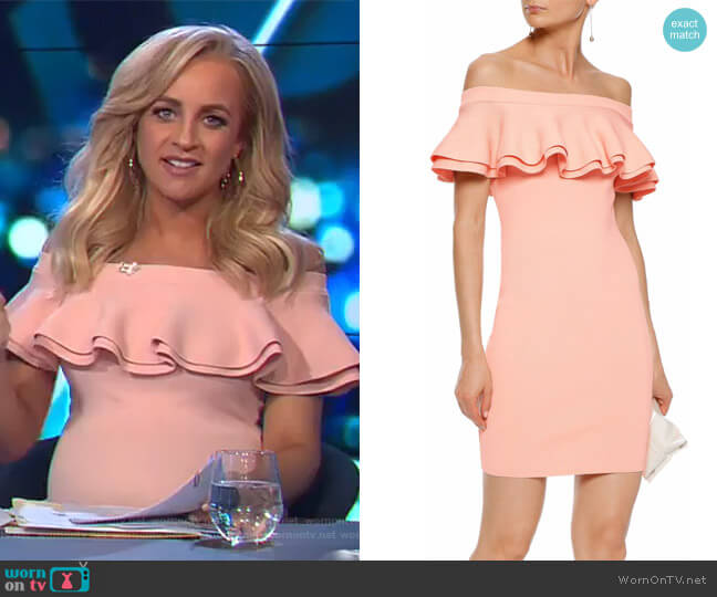 Harriet off-the-shoulder ruffled ribbed-knit mini dress by Line worn by Carrie Bickmore  on The Project