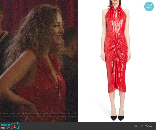 Ruched Sequin Sheath Dress by Magda Butrym worn by Fallon Carrington (Elizabeth Gillies) on Dynasty