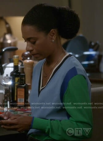 Maggie’s blue and green colorblock sweater on Grey’s Anatomy