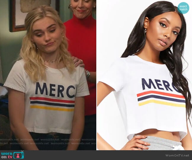 Merci Graphic Cropped Tee by Forever 21 worn by Taylor Otto (Meg Donnelly) on American Housewife