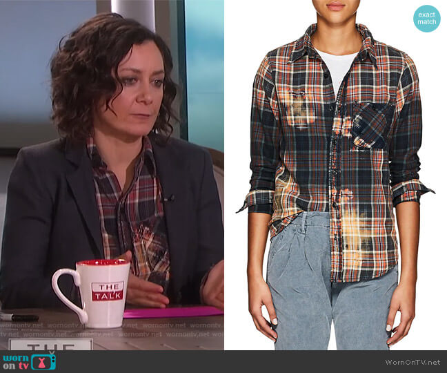 Bara Distressed Plaid Cotton Flannel Shirt by NSF worn by Sara Gilbert on The Talk