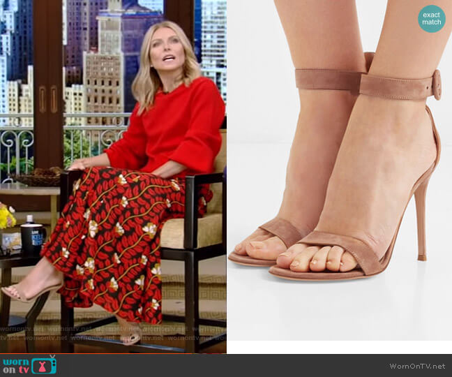 Portofino Suede Sandals by Gianvito Rossi worn by Kelly Ripa  on Live with Kelly & Ryan