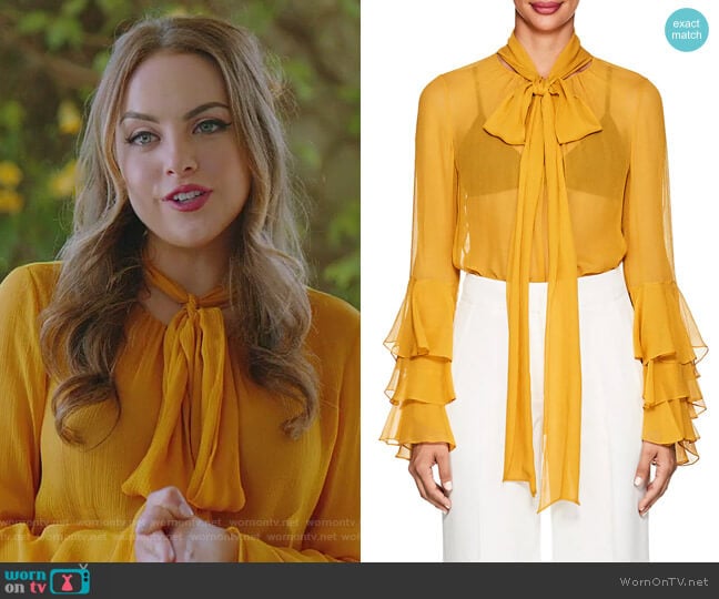 Ruffled Silk Chiffon Blouse by Prabal Gurung worn by Fallon Carrington (Elizabeth Gillies) on Dynasty