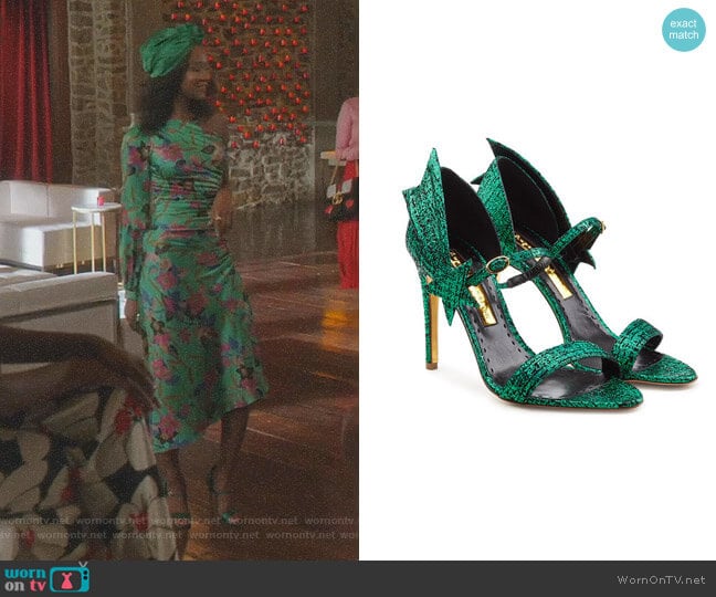 Metallic Tweed Leather Sandals by Rupert Sanderson worn by Monica Colby (Wakeema Hollis) on Dynasty