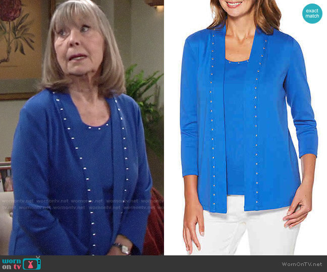 Rafaella Heat Tank and Studded Cardigan worn by Dina Mergeron (Marla Adams) on The Young and the Restless