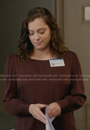 Rebecca's brown buttoned sleeve blouse on Crazy Ex-Girlfriend