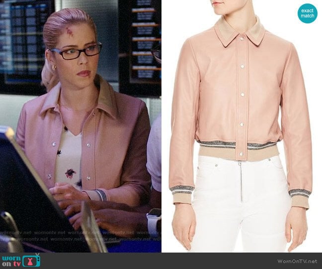 Sandro Biopic Collared Bomber Jacket worn by Felicity Smoak (Emily Bett Rickards) on Arrow