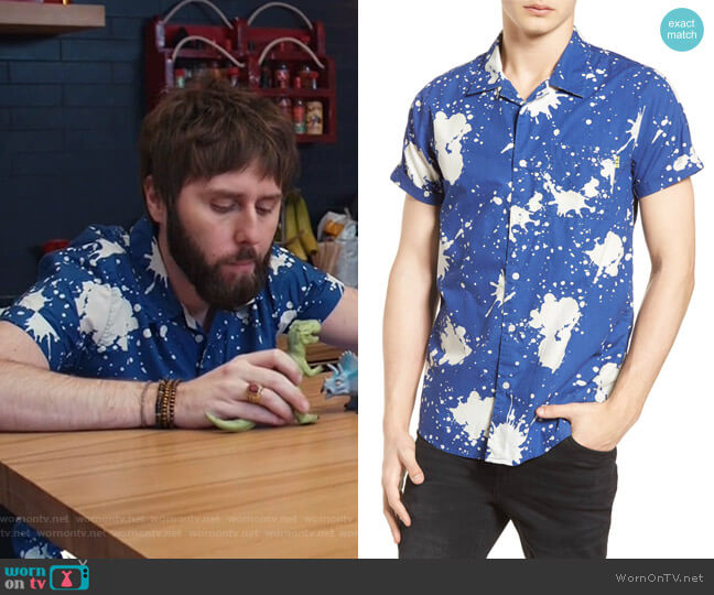 Amsterdams Blauw Allover Print Camp Shirt by Scotch & Soda worn by Chewey (James Buckley) on I Feel Bad