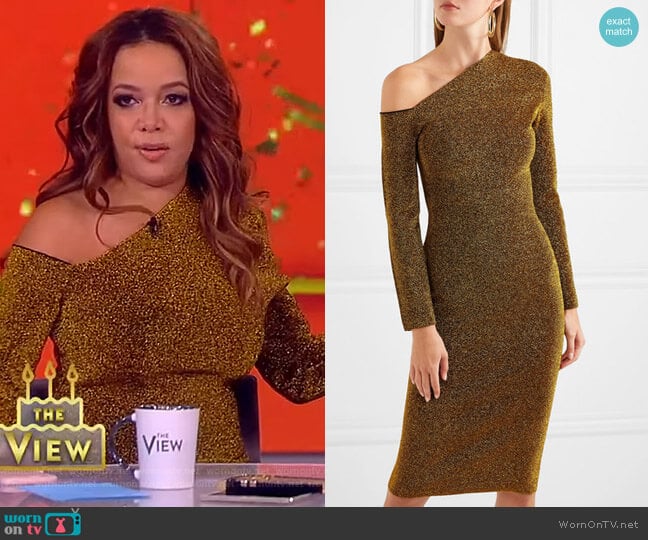 Liva cold-shoulder stretch-Lurex dress by Solace London worn by Sunny Hostin on The View