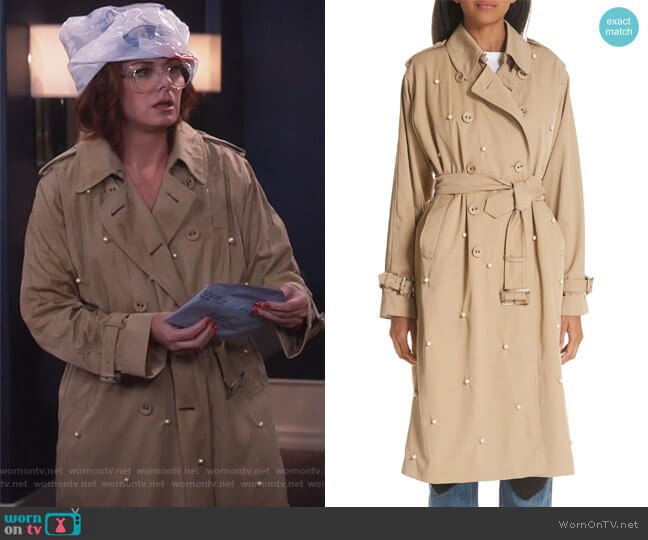 Imitation Pearl Embellished Trench Coat by Tu es mon TRESOR worn by Grace Adler (Debra Messing) on Will and Grace