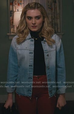 Taylor's pearl embellished denim jacket on American Housewife